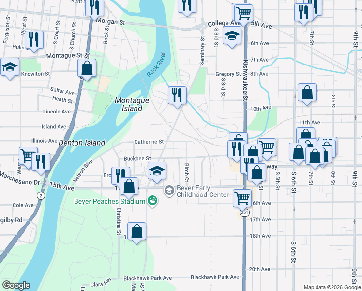 map of restaurants, bars, coffee shops, grocery stores, and more near 327 Catherine Street in Rockford