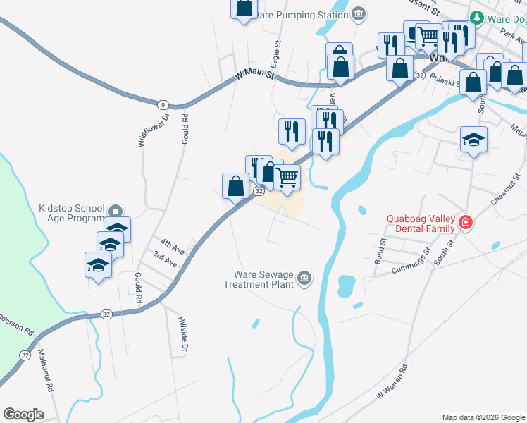 map of restaurants, bars, coffee shops, grocery stores, and more near 14 Homecrest Avenue in Ware