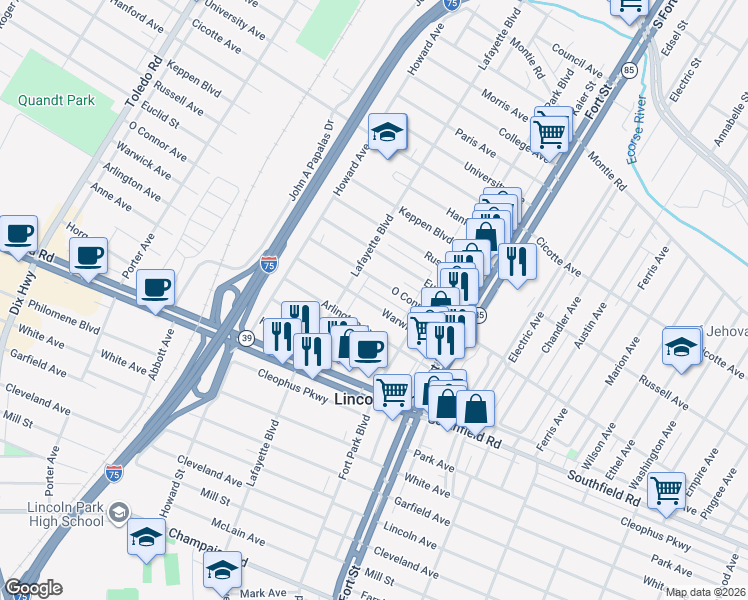 map of restaurants, bars, coffee shops, grocery stores, and more near 1402 Warwick Avenue in Lincoln Park