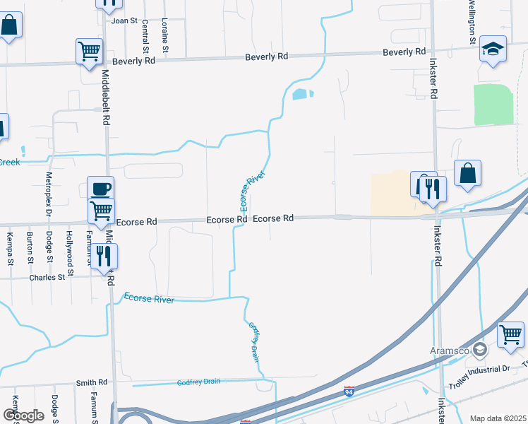 map of restaurants, bars, coffee shops, grocery stores, and more near 28428 Ecorse Road in Romulus