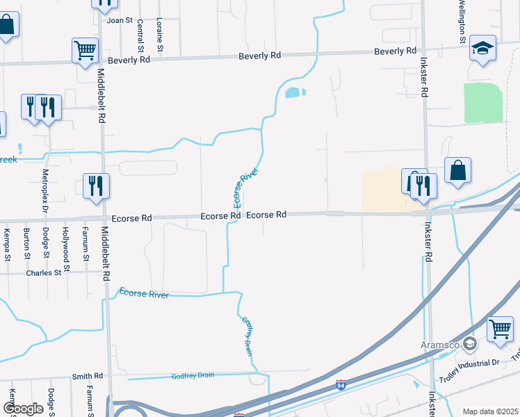 map of restaurants, bars, coffee shops, grocery stores, and more near 28428 Ecorse Road in Romulus