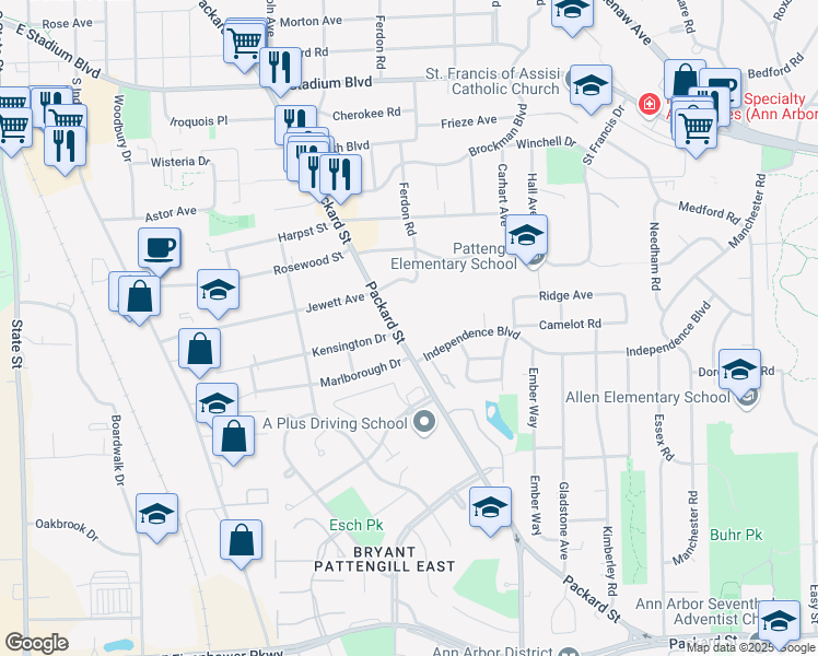 map of restaurants, bars, coffee shops, grocery stores, and more near 2403 Packard Street in Ann Arbor