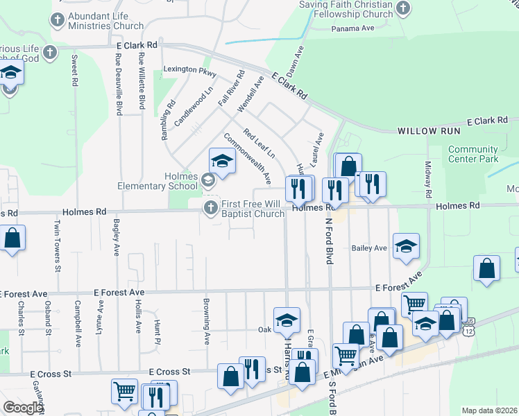 map of restaurants, bars, coffee shops, grocery stores, and more near 1326 Holmes Road in Ypsilanti