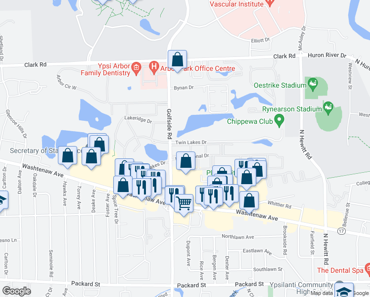 map of restaurants, bars, coffee shops, grocery stores, and more near 2980 International Drive in Ypsilanti