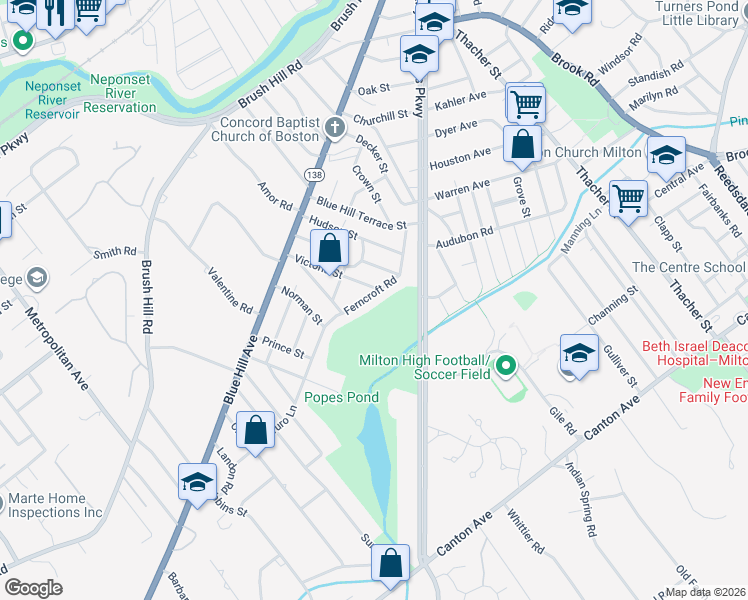map of restaurants, bars, coffee shops, grocery stores, and more near 78 Ferncroft Road in Milton