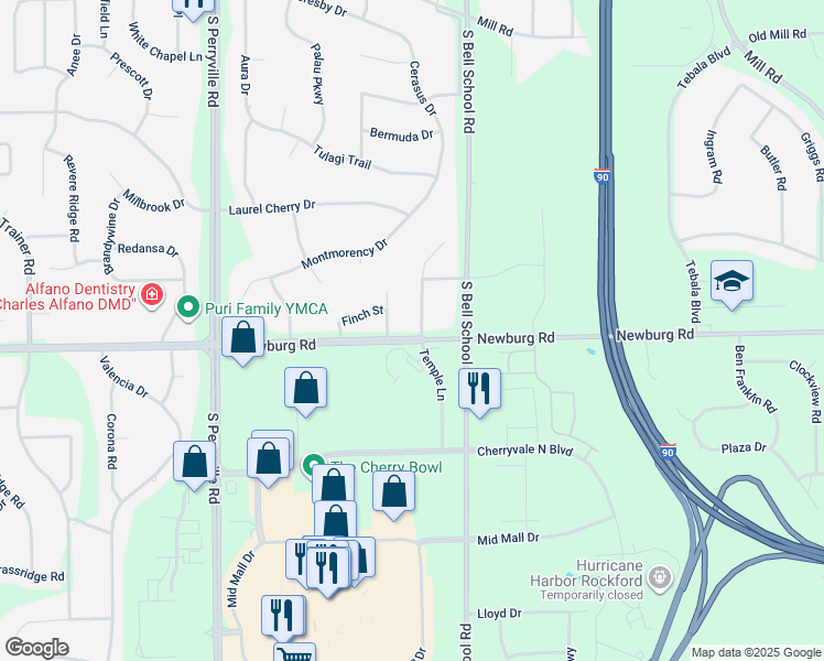 map of restaurants, bars, coffee shops, grocery stores, and more near 1495 Temple Circle in Rockford