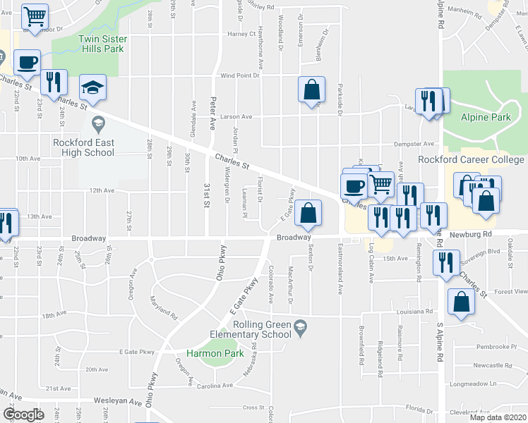 map of restaurants, bars, coffee shops, grocery stores, and more near 1324 Florist Drive in Rockford