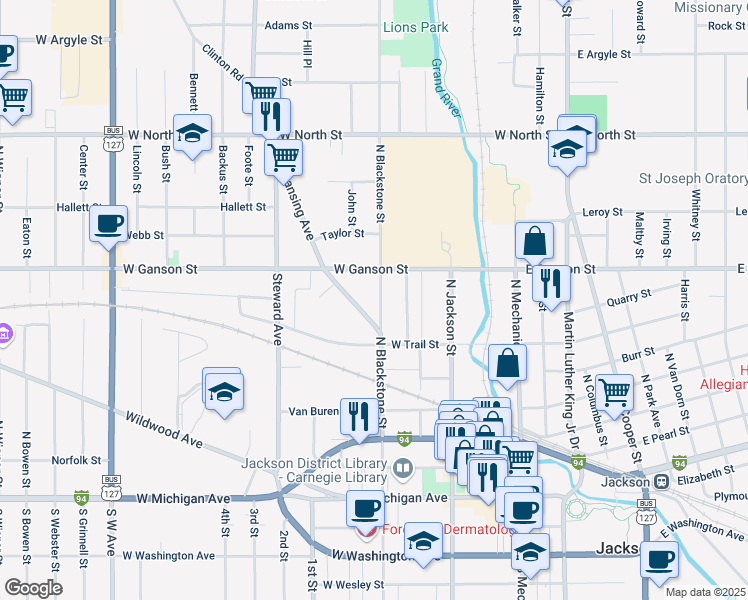 map of restaurants, bars, coffee shops, grocery stores, and more near 511 Lansing Avenue in Jackson