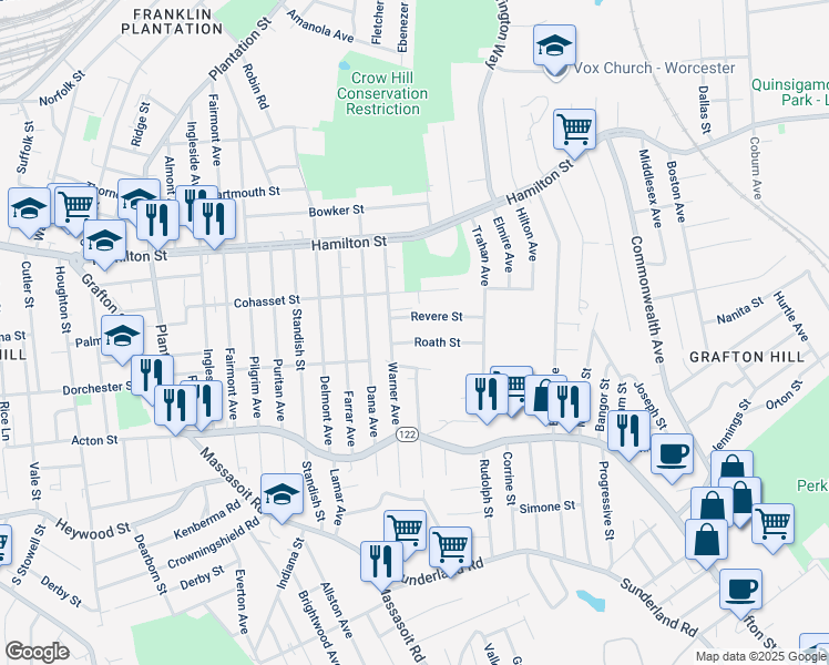map of restaurants, bars, coffee shops, grocery stores, and more near 9 Roath Street in Worcester