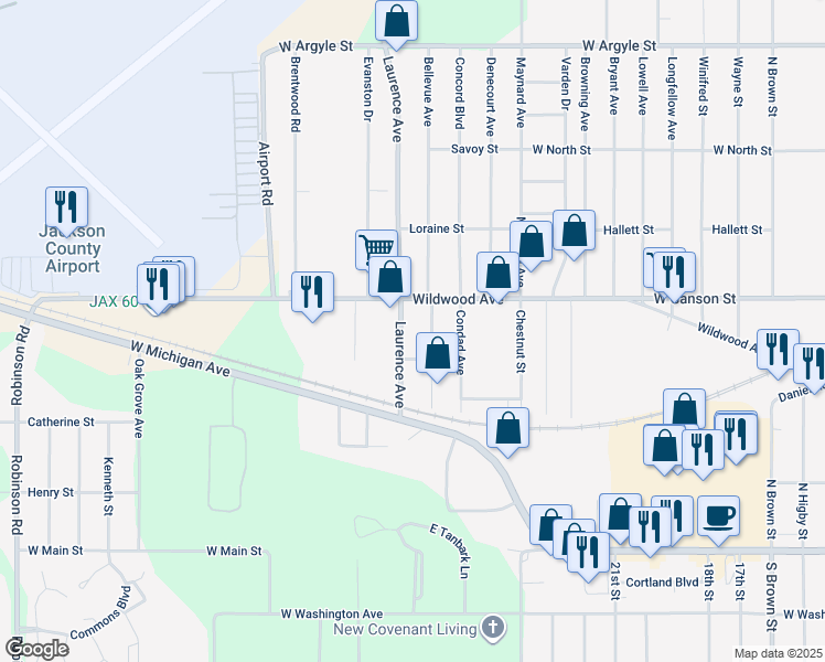 map of restaurants, bars, coffee shops, grocery stores, and more near 527 Laurence Avenue in Jackson