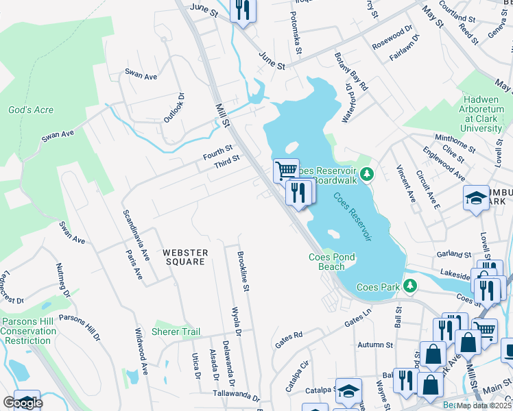 map of restaurants, bars, coffee shops, grocery stores, and more near 267 Mill Street in Worcester