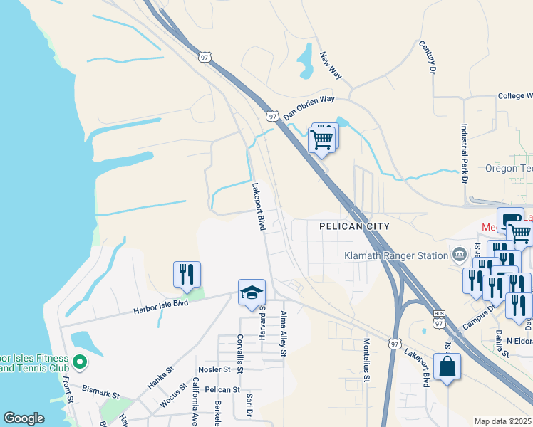 map of restaurants, bars, coffee shops, grocery stores, and more near 3544 Lakeport Boulevard in Klamath Falls
