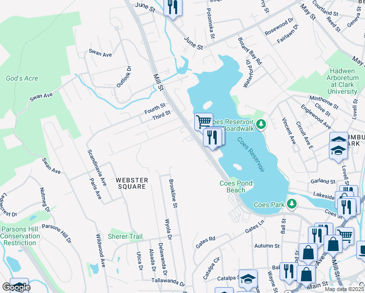 map of restaurants, bars, coffee shops, grocery stores, and more near 267 Mill Street in Worcester