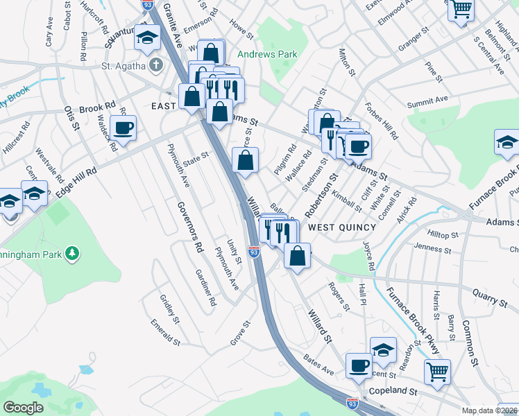 map of restaurants, bars, coffee shops, grocery stores, and more near 43 Willard Street in Quincy