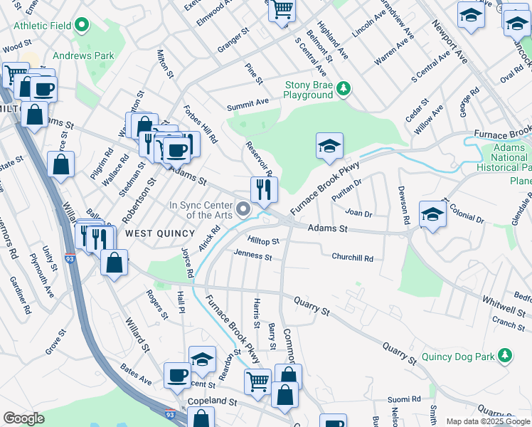 map of restaurants, bars, coffee shops, grocery stores, and more near 516 Adams Street in Quincy
