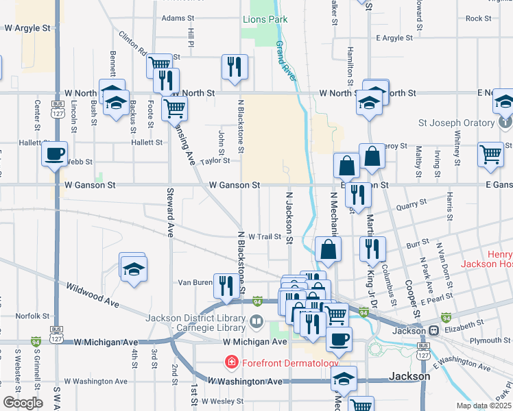 map of restaurants, bars, coffee shops, grocery stores, and more near 532 Blackman Street in Jackson