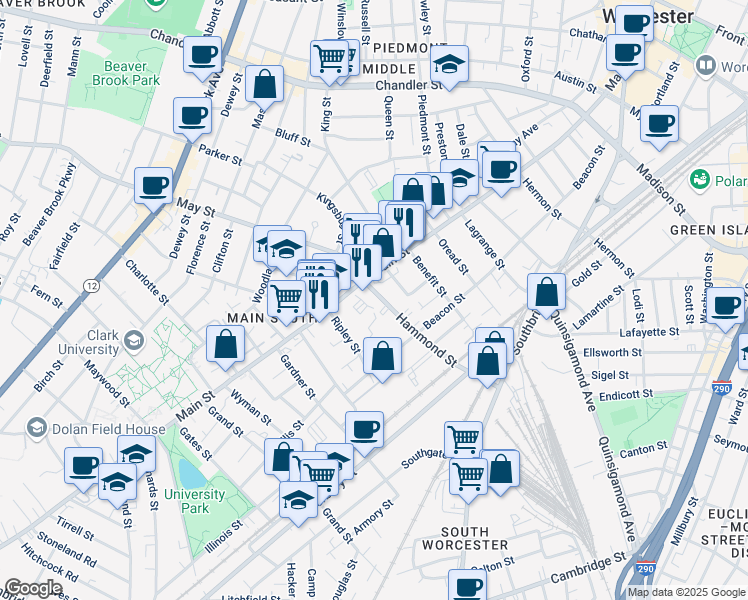 map of restaurants, bars, coffee shops, grocery stores, and more near 12 Hammond Street in Worcester