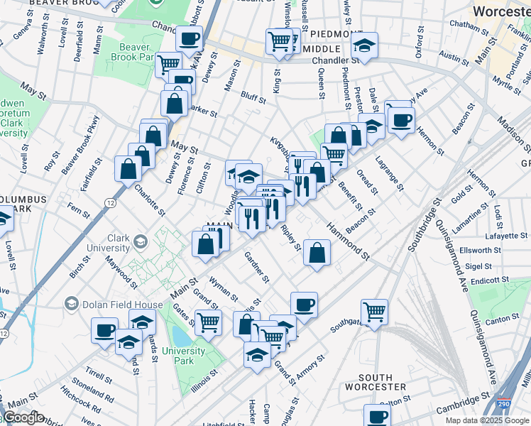 map of restaurants, bars, coffee shops, grocery stores, and more near 5 Claremont Street in Worcester