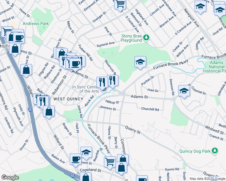 map of restaurants, bars, coffee shops, grocery stores, and more near 516 Adams Street in Quincy