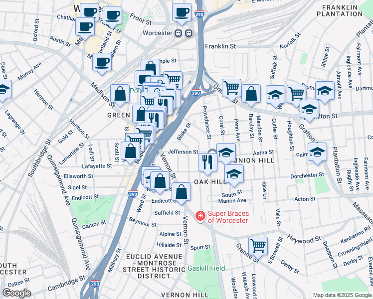 map of restaurants, bars, coffee shops, grocery stores, and more near 21 Jefferson Street in Worcester