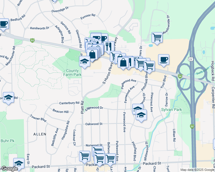 map of restaurants, bars, coffee shops, grocery stores, and more near 2233 South Huron Parkway in Ann Arbor