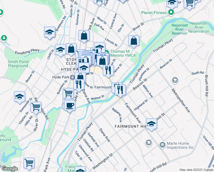 map of restaurants, bars, coffee shops, grocery stores, and more near 74 Maple Street in Boston