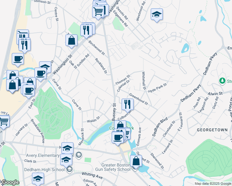 map of restaurants, bars, coffee shops, grocery stores, and more near 87 Bussey Street in Dedham