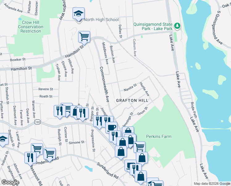 map of restaurants, bars, coffee shops, grocery stores, and more near 87 Middlesex Avenue in Worcester