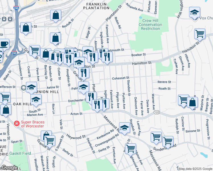 map of restaurants, bars, coffee shops, grocery stores, and more near 184 Fairmont Avenue in Worcester
