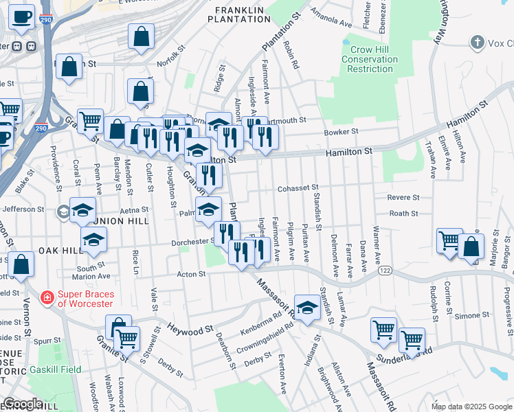 map of restaurants, bars, coffee shops, grocery stores, and more near 7 Village Street in Worcester