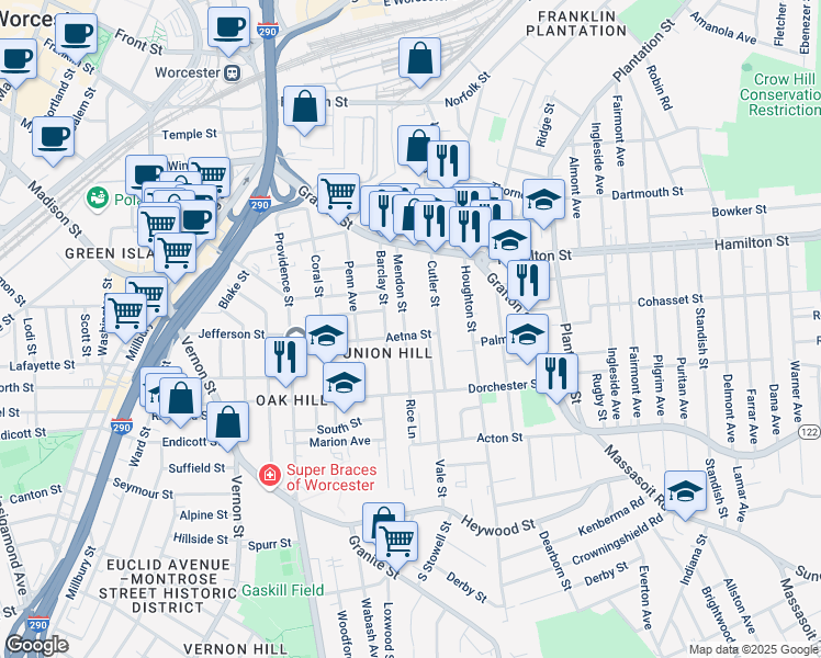map of restaurants, bars, coffee shops, grocery stores, and more near in Worcester