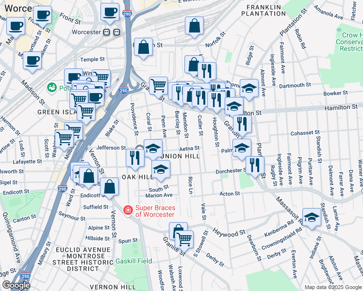 map of restaurants, bars, coffee shops, grocery stores, and more near in Worcester