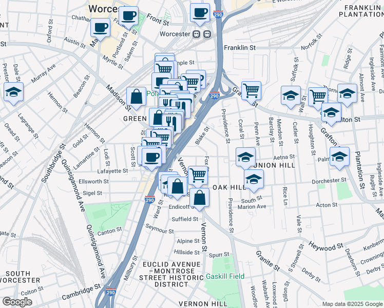 map of restaurants, bars, coffee shops, grocery stores, and more near 6 Jefferson Street in Worcester