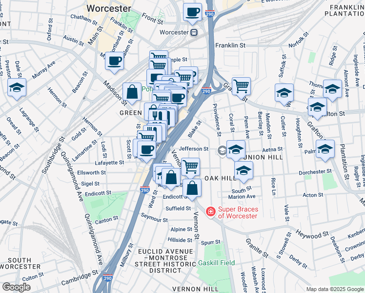 map of restaurants, bars, coffee shops, grocery stores, and more near 6 Jefferson Street in Worcester