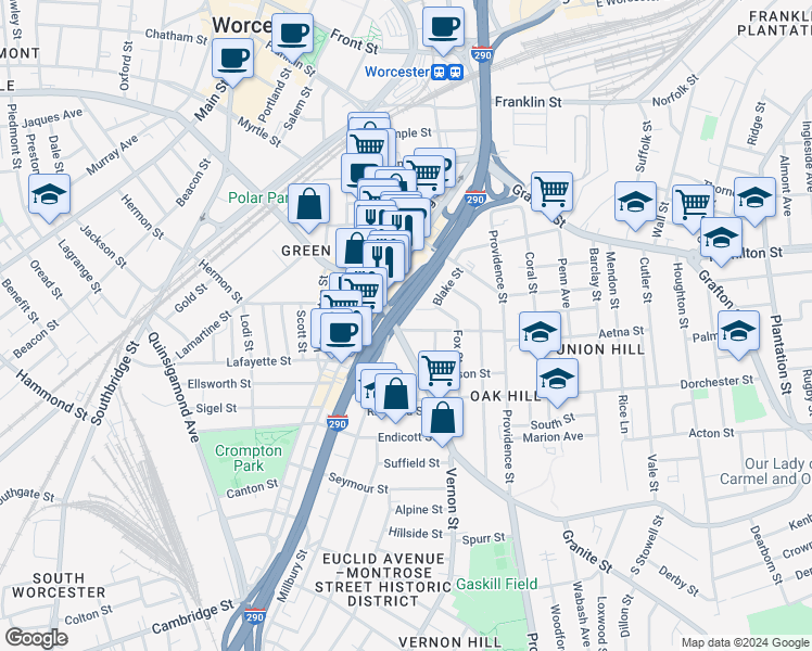 map of restaurants, bars, coffee shops, grocery stores, and more near 6 Jefferson Street in Worcester