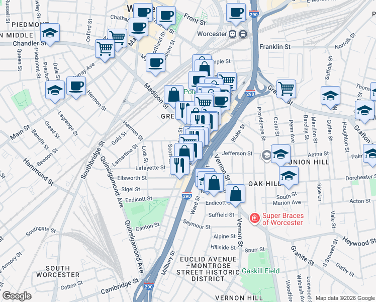 map of restaurants, bars, coffee shops, grocery stores, and more near 64 Millbury Street in Worcester
