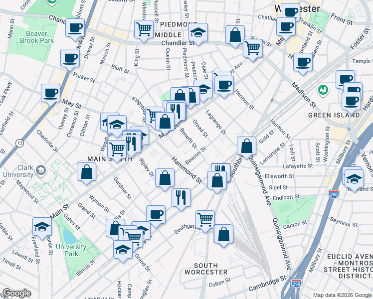 map of restaurants, bars, coffee shops, grocery stores, and more near 9 Mount Pleasant Street in Worcester