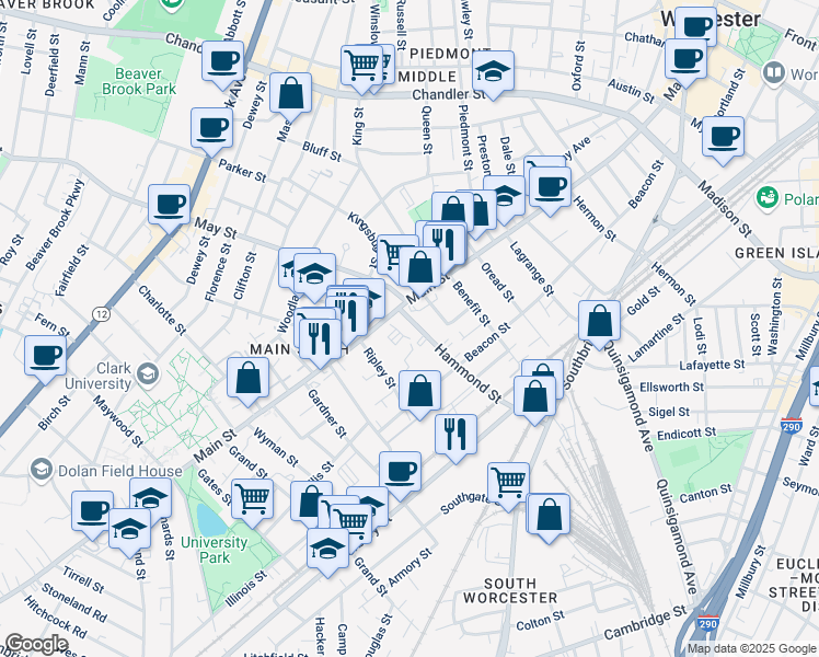 map of restaurants, bars, coffee shops, grocery stores, and more near 12 Hammond Street in Worcester
