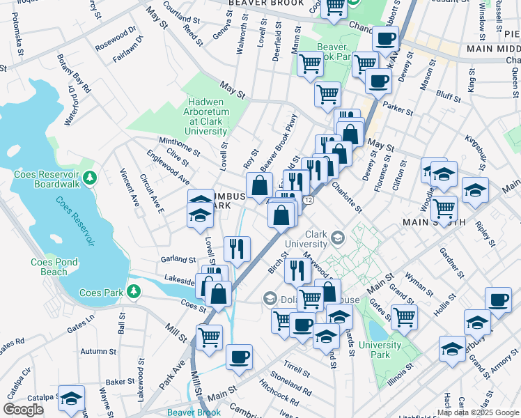 map of restaurants, bars, coffee shops, grocery stores, and more near 98 Maywood Street in Worcester