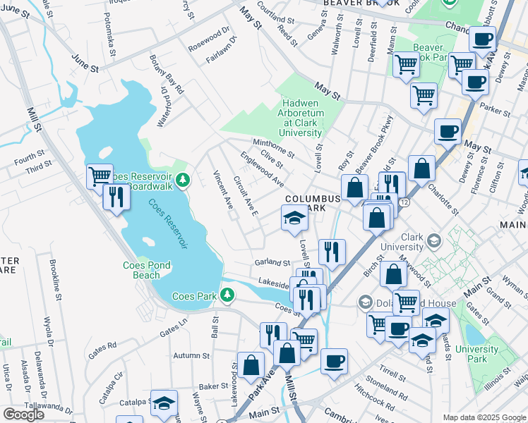 map of restaurants, bars, coffee shops, grocery stores, and more near 10 Circuit Avenue South in Worcester
