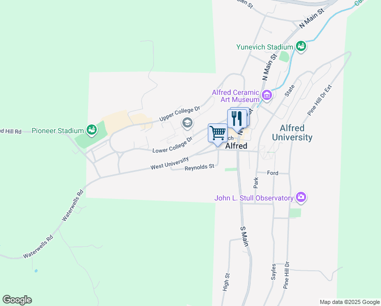 map of restaurants, bars, coffee shops, grocery stores, and more near 44 West University in Alfred