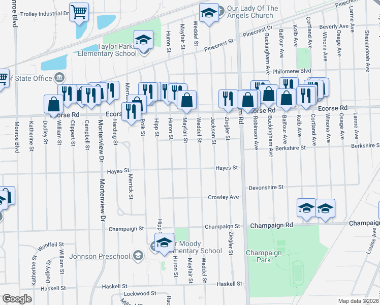 map of restaurants, bars, coffee shops, grocery stores, and more near 7594 Weddel Street in Taylor