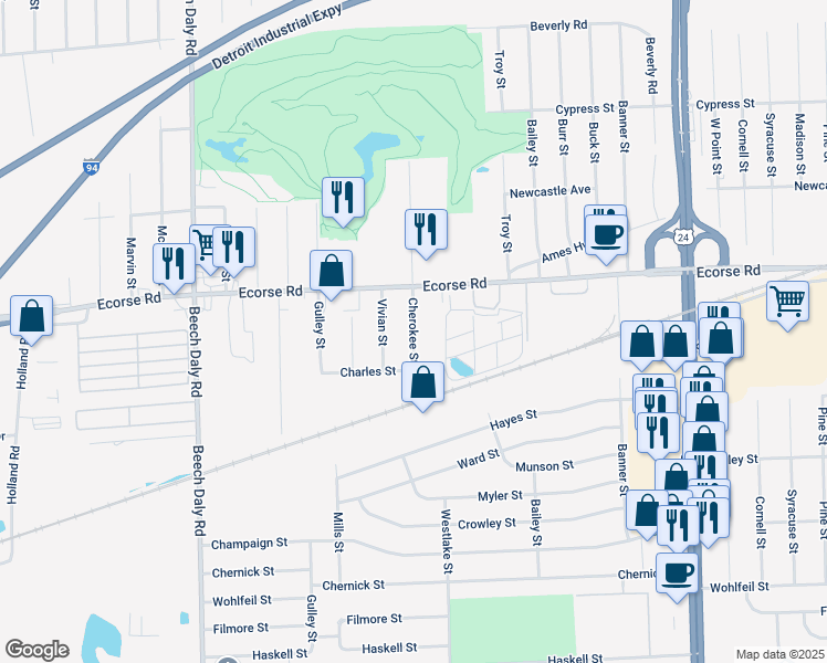 map of restaurants, bars, coffee shops, grocery stores, and more near 7215 Vivian Street in Taylor