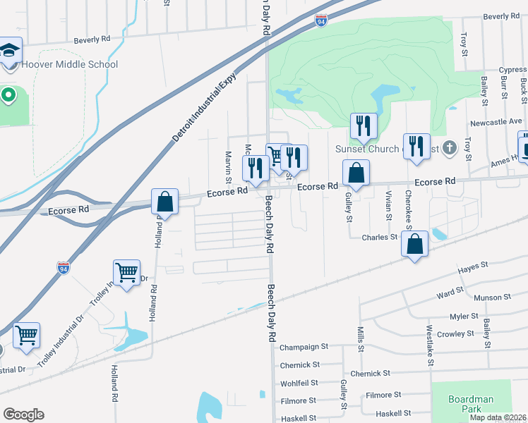 map of restaurants, bars, coffee shops, grocery stores, and more near 7251 Beech Daly Road in Taylor
