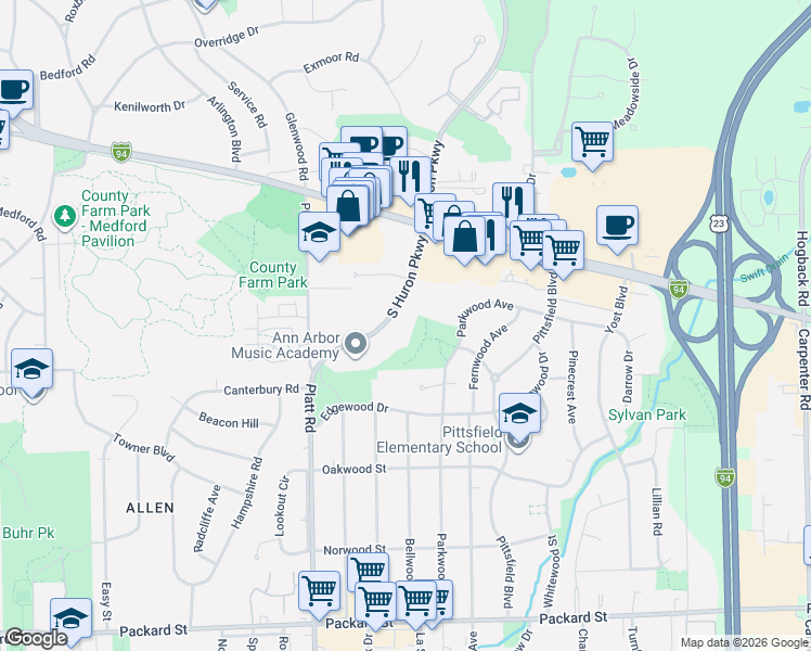 map of restaurants, bars, coffee shops, grocery stores, and more near 2301 South Huron Parkway in Ann Arbor