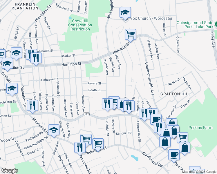 map of restaurants, bars, coffee shops, grocery stores, and more near 41 Trahan Avenue in Worcester