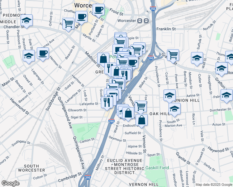 map of restaurants, bars, coffee shops, grocery stores, and more near 64 Millbury Street in Worcester