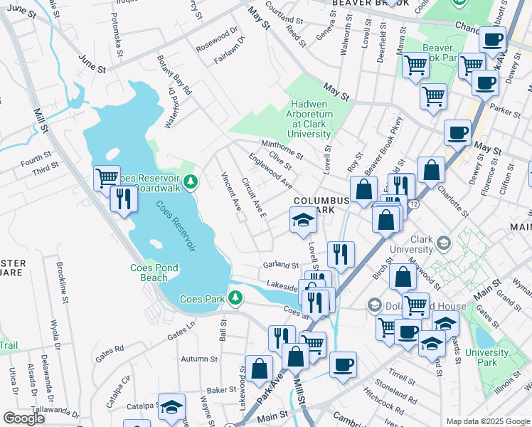 map of restaurants, bars, coffee shops, grocery stores, and more near 10 Circuit Avenue South in Worcester