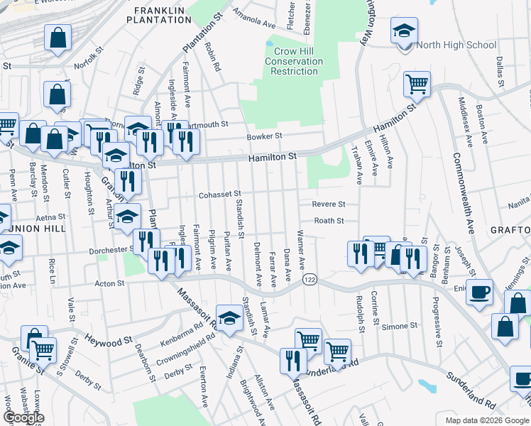 map of restaurants, bars, coffee shops, grocery stores, and more near 68 Farrar Avenue in Worcester