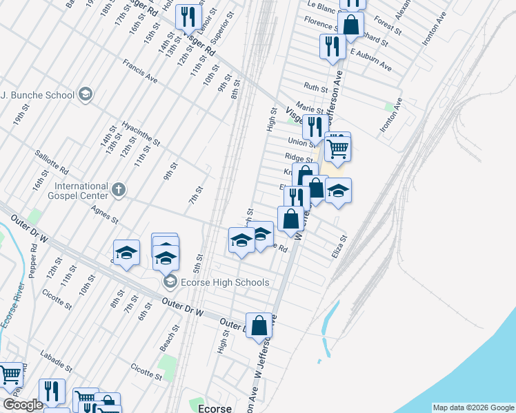 map of restaurants, bars, coffee shops, grocery stores, and more near 3971 High Street in Ecorse